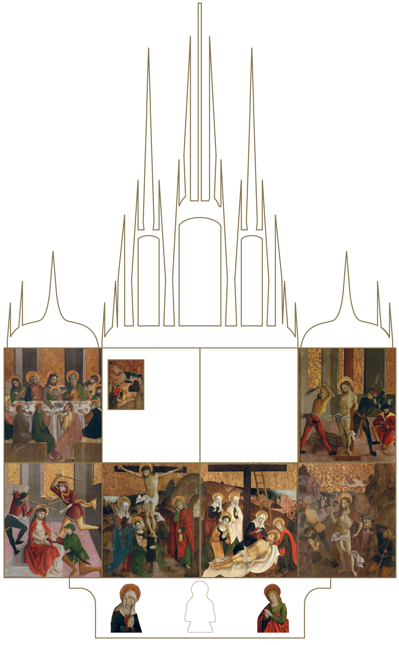 Schéma pôstnej strany oltára (so siluetou nezachovanej postavy Krista v predele)