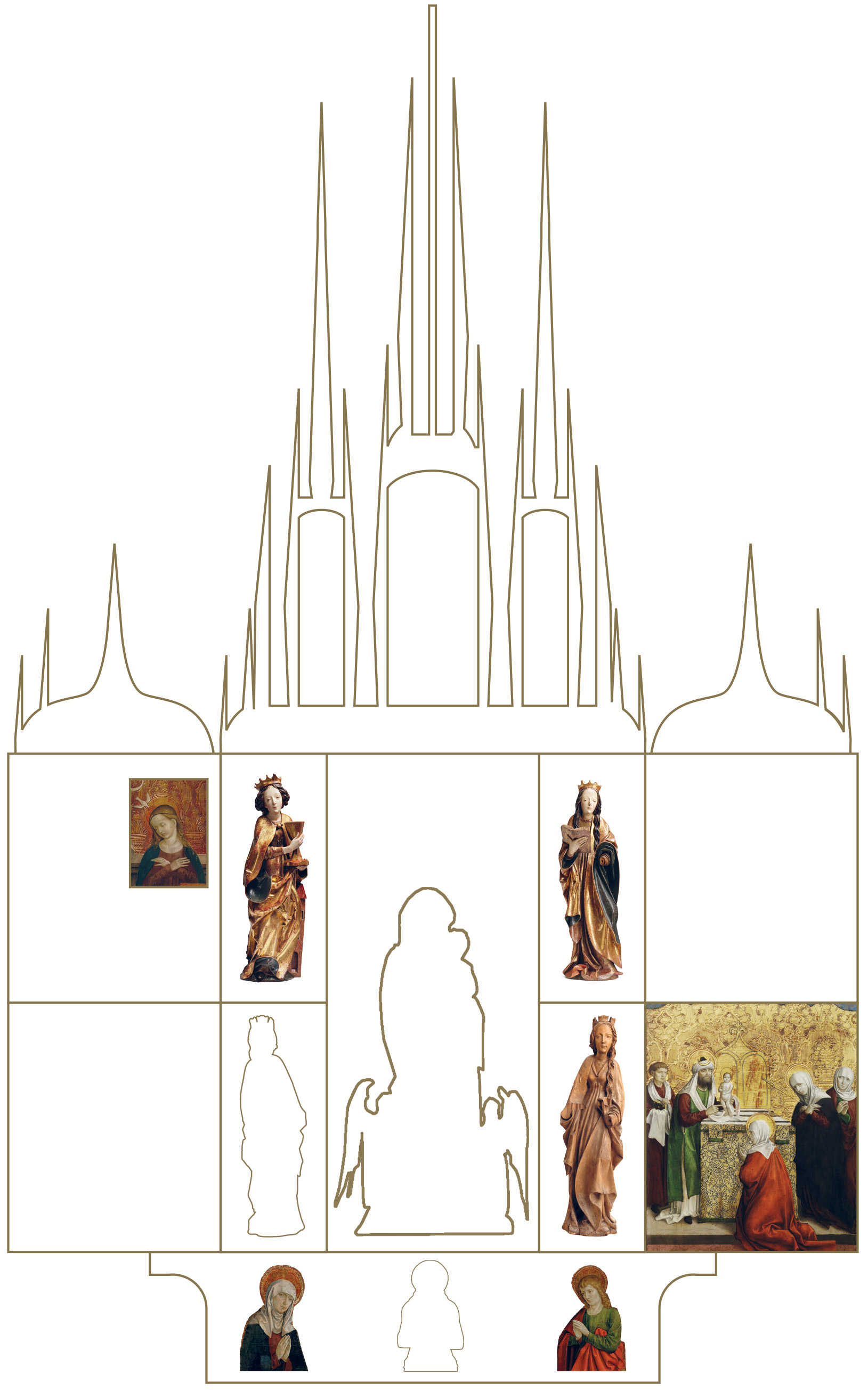 Schéma sviatočnej strany oltára (so siluetami nezachovaných sôch)