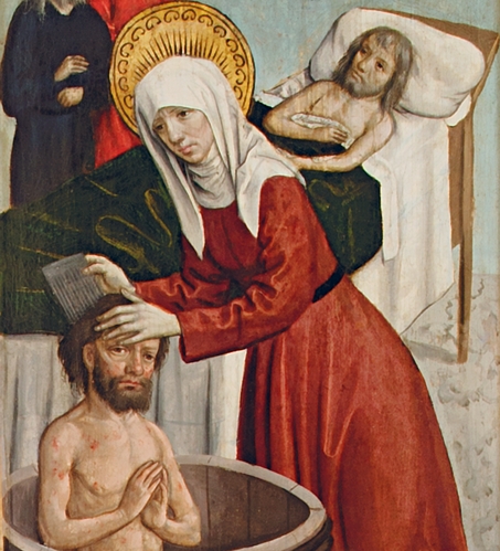 Detail scény Starostlivosť o chorých v špitáli z pôstnej strany Oltára sv. Anny Samotretej v Smrečanoch