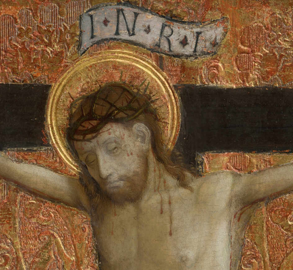 Detail tváre Krista na obraze Ukrižovanie na oltári v Okoličnom